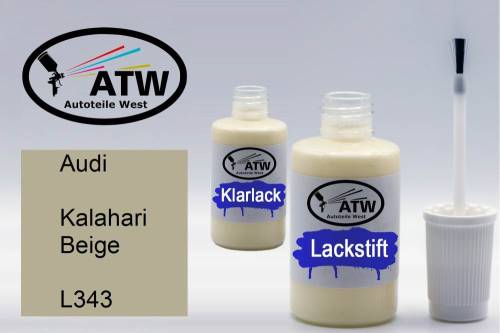 Audi, Kalahari Beige, L343: 20ml Lackstift + 20ml Klarlack - Set, von ATW Autoteile West.